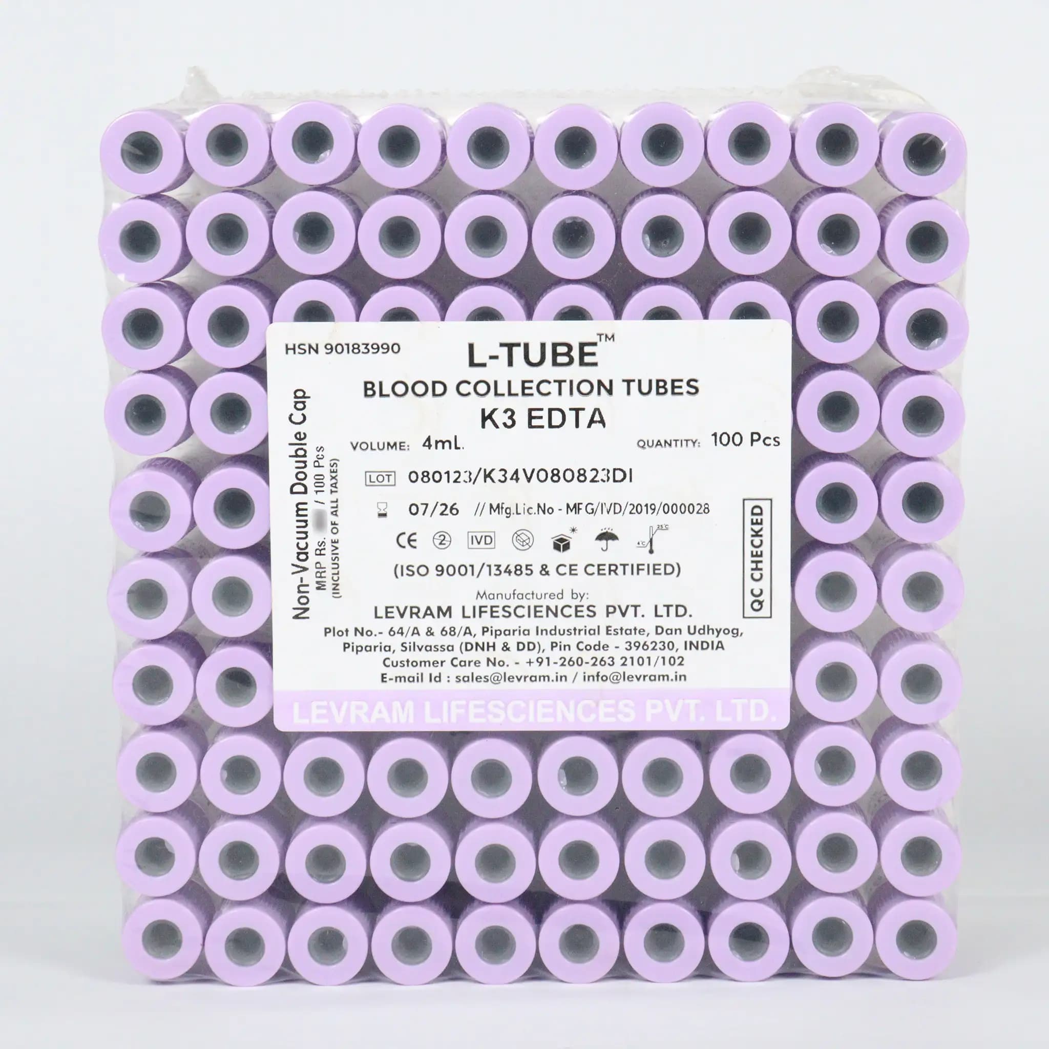 K3EDTA Vial Non Vacuum Levram 100s